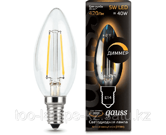 Лампа Gauss Filament Свеча 5W 420lm 2700К Е14 диммируемая LED 1/10/50, фото 2