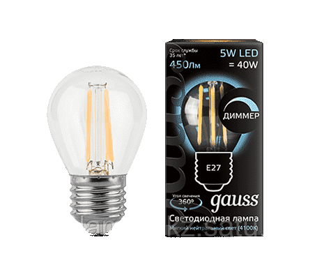 Лампа Gauss Filament Шар 5W 450lm 4100К Е27 диммируемая LED 1/10/50, фото 2