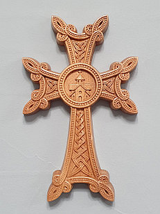 Панно крест резной настенный из дерева Армянский с церковью, светлый, 12 х 19.1 см