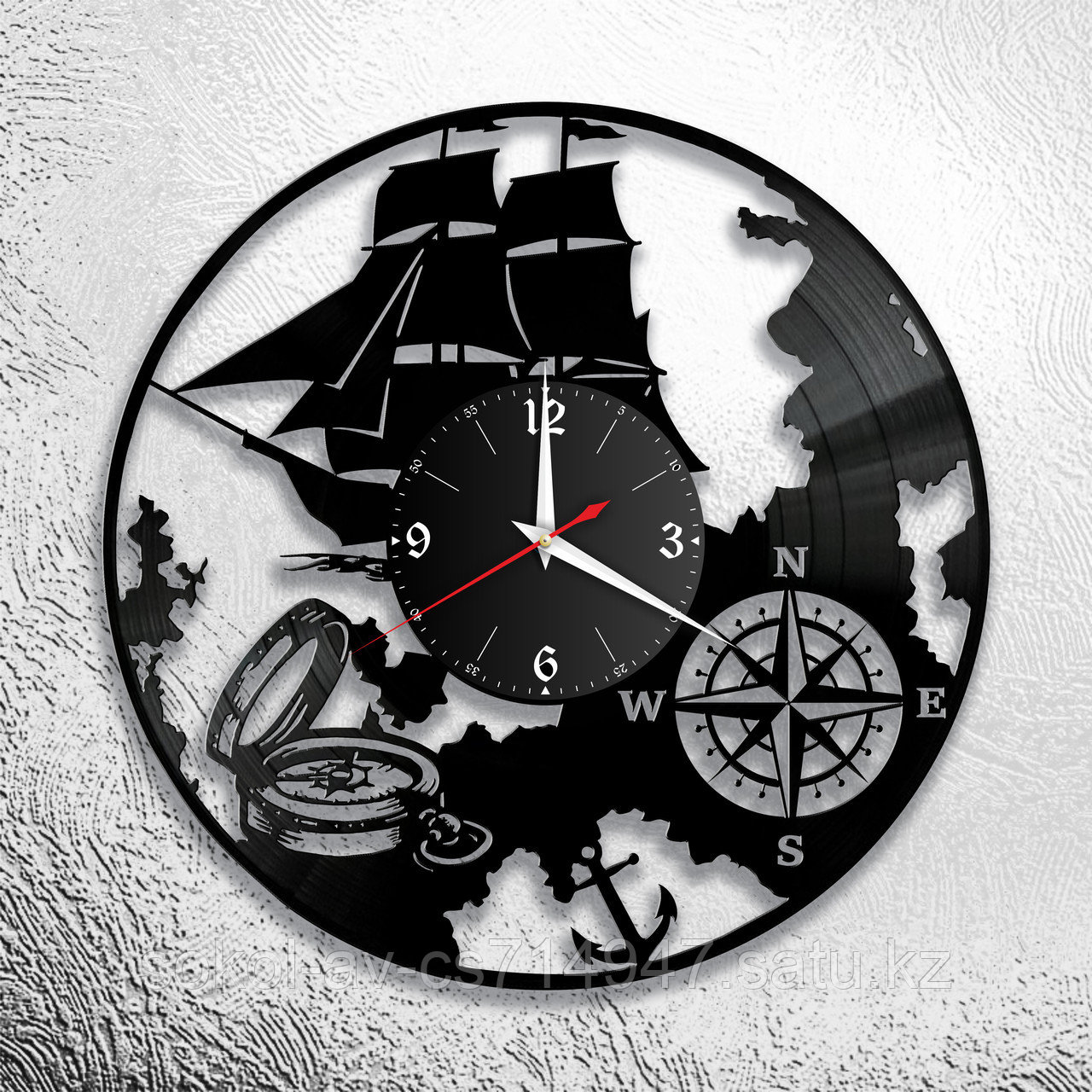 Настенные часы из пластинки в морском стиле (корабль, якорь) подарок моряку, матросу, капитану корабля, 1076