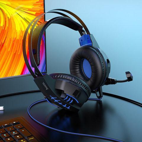 Наушники с микрофоном для геймеров Hoco Cool Tour W102 с LED подсветкой и шумоподавлением (Синий) - фото 5 - id-p88589570