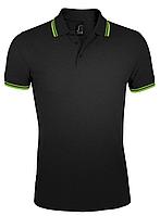 Рубашка поло мужская Pasadena Men 200 с контрастной отделкой, черная с зеленым (артикул 5851.39)