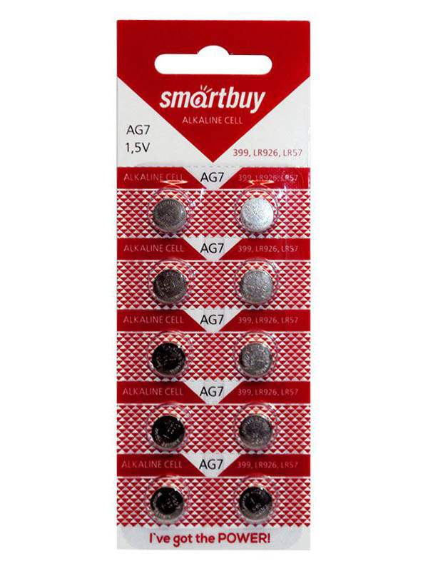 Батарейка часовая Smartbuy AG7 (LR57, SR927W, R69, LR926, G7, 195, GP95A, 399) 10 шт в уп.