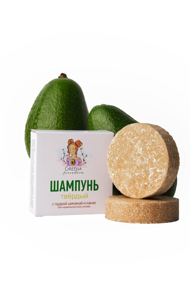 Шампунь твердый с пудрой шикакай и какао Greena Avocadova