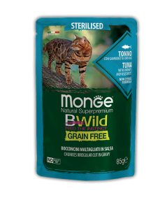 2799 Monge BWild GF Sterilized, влажный корм для кошек, тунец с креветками и овощами, уп.28*85гр. - фото 1 - id-p88672222