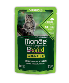 2805 Monge BWild GF Sterilized, влажный корм для кошек, кабан с овощами, пауч 85гр.