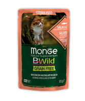 2782 Monge BWild GF Sterilized, влажный корм для кошек, лосось с креветками и овощами, уп.28*85гр.