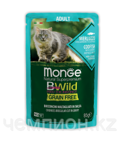 2768 Monge BWild GF Adult, влажный корм для кошек, треска с креветками и овощами, пауч 85гр.