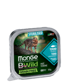 2898 Monge BWild GF Sterilized, влажный корм для кошек, паштет из тунца с овощами, ламистр 100гр.