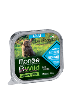 2874 Monge BWild GF Sterilized, влажный корм для кошек, паштет из анчоусов с овощами, ламистр 100гр. - фото 1 - id-p88674551