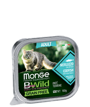 2867 Monge BWild GF Adult, влажный корм для кошек, паштет из трески с овощами, ламистр 100гр.