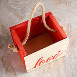Кашпо деревянное 12.5×10.5×9.5 см Элен "Крепкая любовь", ручка верёвка, фото 2