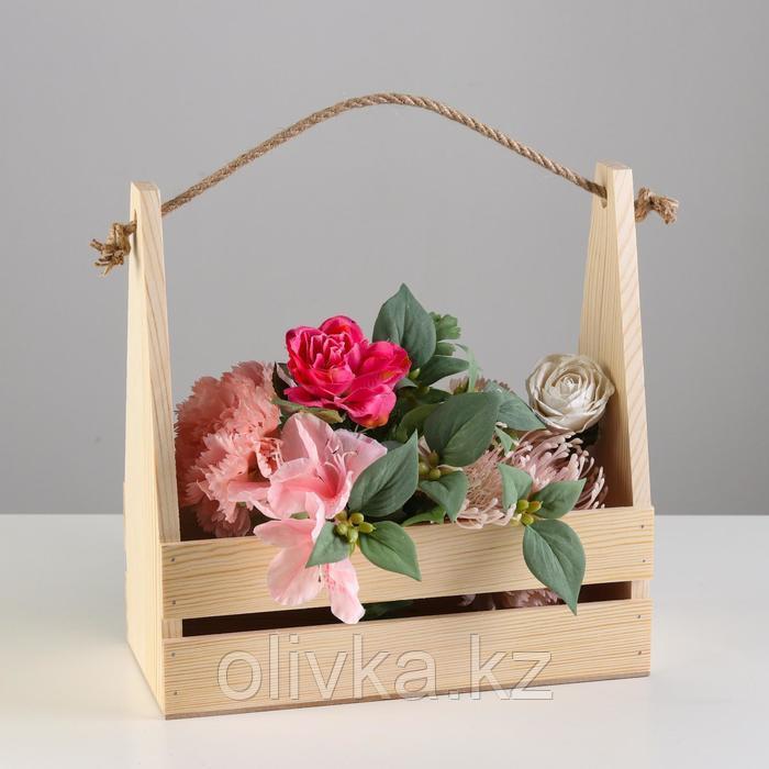 Кашпо деревянное 30×14×30 см, двухреечное прямое, ручка верёвка