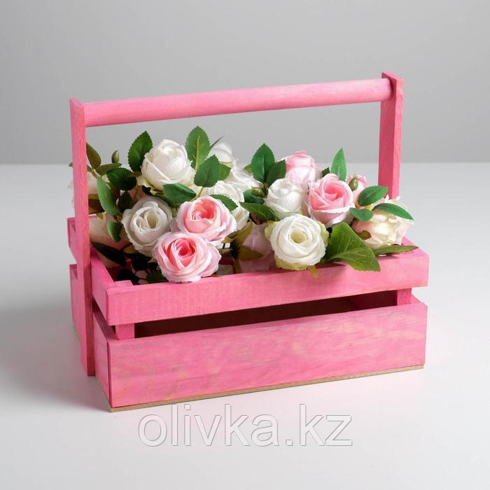 Ящик из массива сосны с ручкой 30 × 21 × 12 см, розовый