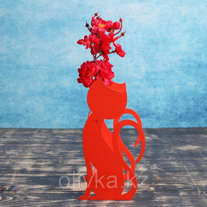 Кашпо деревянное 13×11.7×24.5 см с 3 колбами "Кошка", красный Дарим Красиво