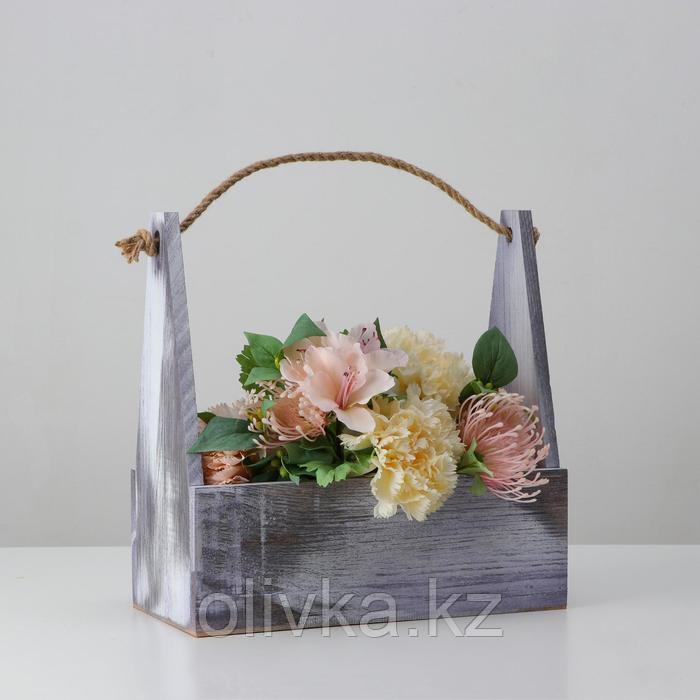 Кашпо деревянное 30×14×30 см, ручка верёвка, состаренный