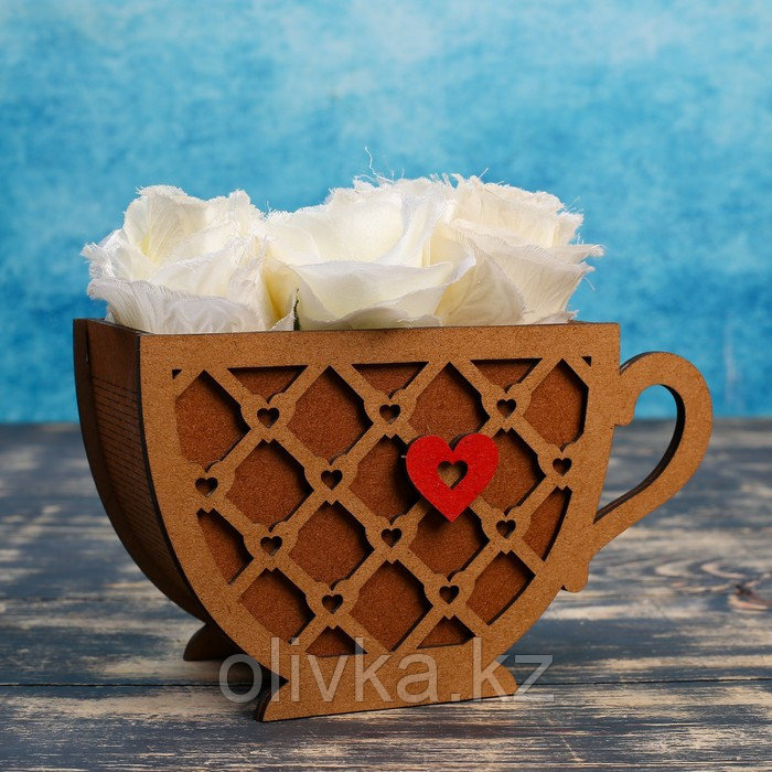 Кашпо деревянное 18.3×8.1×11 см уникальное "Чашечка чая, с сердцем", морёный