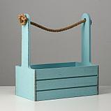 Кашпо деревянное 25.5×15×30 см "Прованс", ручка канат, серо-голубой, фото 2