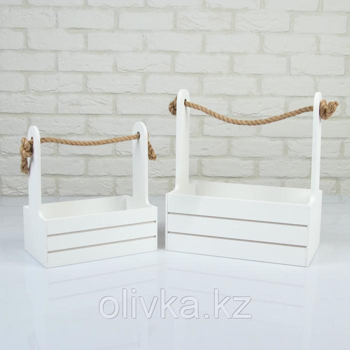 Набор кашпо деревянных 2 в 1 (25×15×30; 21×12×23 см) "Dear", ручка канат, белый