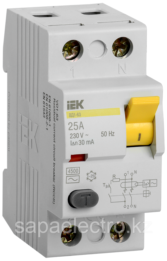 Выключатель дифференциальный (УЗО) ВД1-63 2Р 25А 30мА IEK