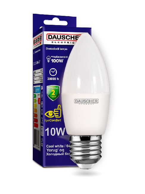 LED Лампа Dauscher C35 10W E27 6400K 90lm/w Холодный цвет