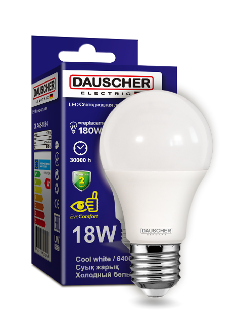 LED Лампа Dauscher A65 18W E27 6400K 90lm/w Холодный цвет