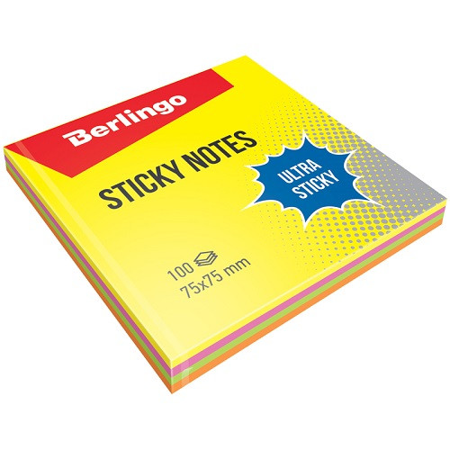 Самоклеящийся блок Berlingo "Ultra Sticky", 75*75 мм., 100 листов, 4 неоновых цвета