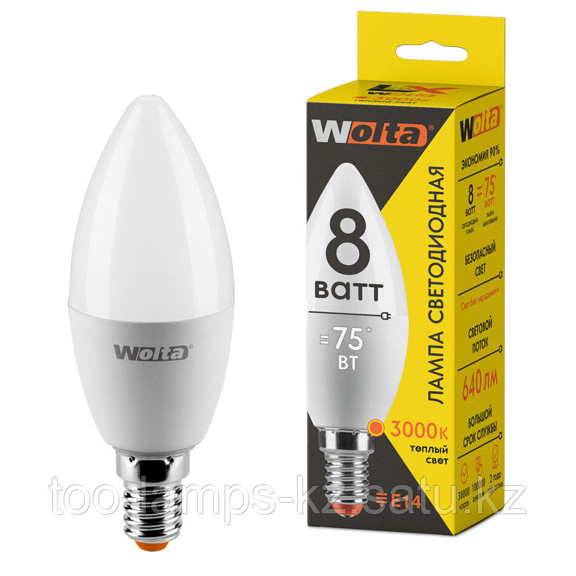 Лампа LED WOLTA LX C37 8Вт 640лм Е14 3000К    1/50