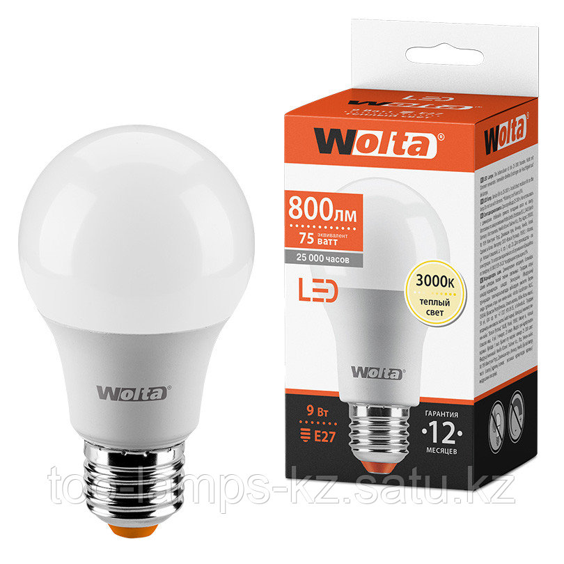 Лампа LED  WOLTA A60 9Вт 800лм Е27 3000К   1/50