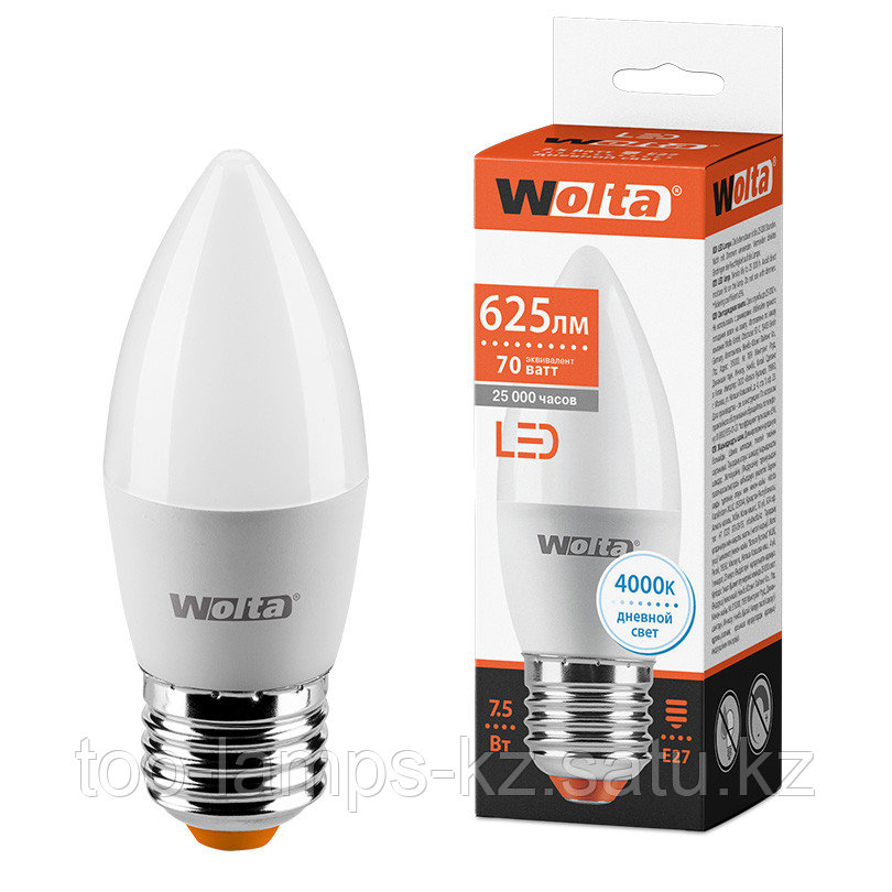 Лампа LED WOLTA C37 7.5Вт 625лм  Е27 4000К   1/50
