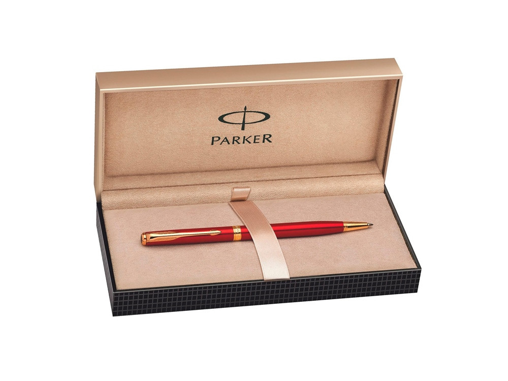Ручка шариковая тонкая Parker модель SON13 SLM RED GT BP FBLK GB, красный/золотистый - фото 3 - id-p88981608