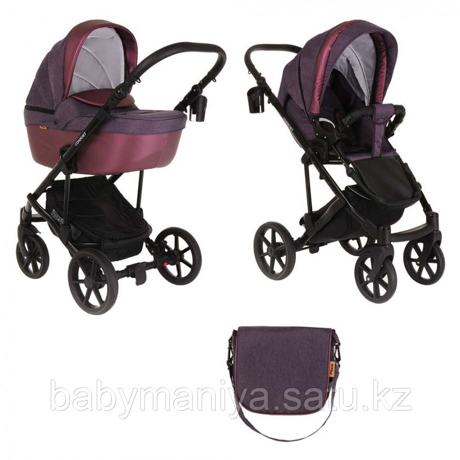 Коляска 2 в 1 Pituso Confort 2020 Plum+Кожа Plum/Рама Черная/Гель.колеса