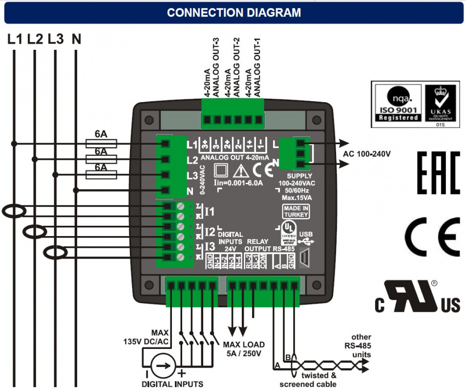Анализатор электросети Datakom DKM-409 PRO AT, 96x96мм,2.9”LCD, RS485, USB/Device, micro-SD, 3x4/20мА вых,