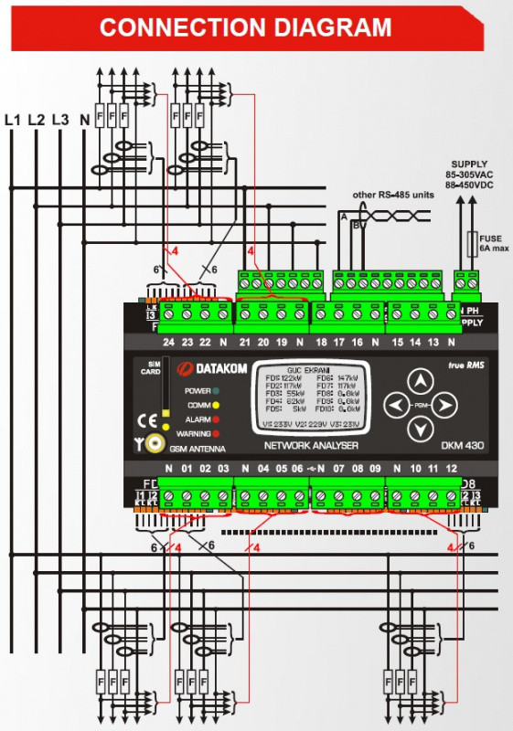 Анализатор сети Datakom DKM-430 PRO, 30вх ТТ, 24вх пред, 1.9 LCD, RS-485, USB/Device, 2-вх, 2-вых, AC - фото 4 - id-p88999187