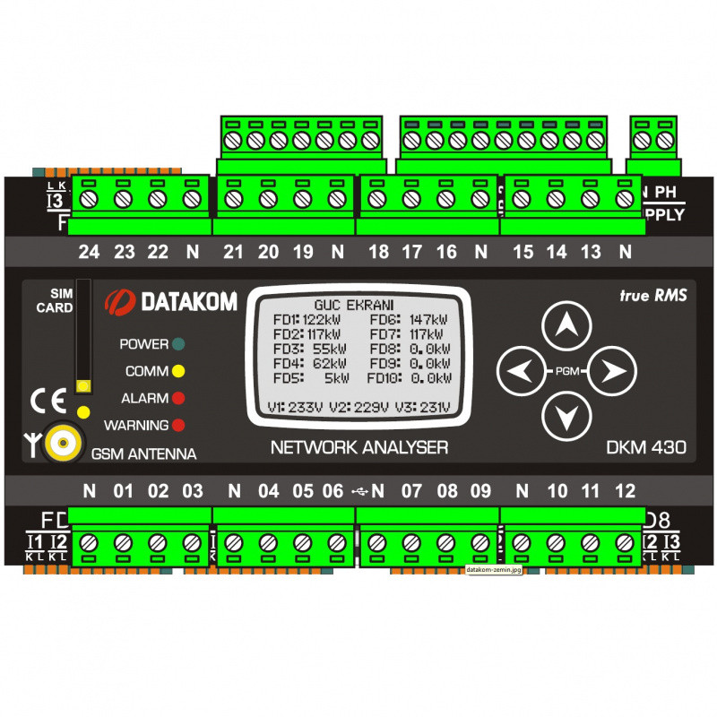 Анализатор сети Datakom DKM-430 PRO, 30вх ТТ, 24вх пред, 1.9 LCD, RS-485, USB/Device, 2-вх, 2-вых, DC - фото 5 - id-p88999188