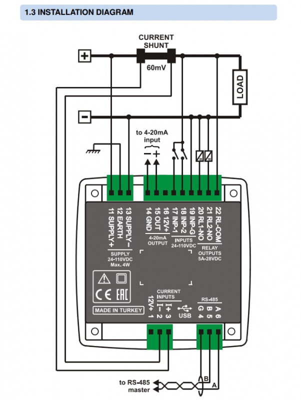 Анализатор сети постоянного тока Datakom DKM-250 DC, 96x96мм, RS-485