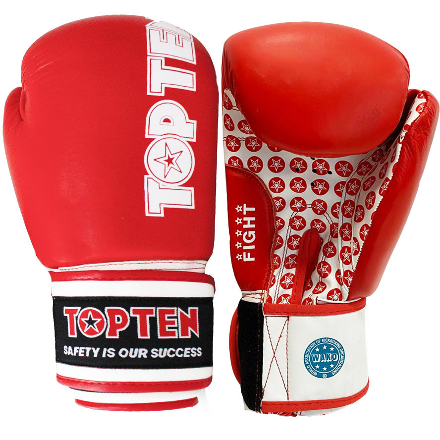 Боксерские перчатки кожаные 10-OZ Top ten Wako красные с надписью