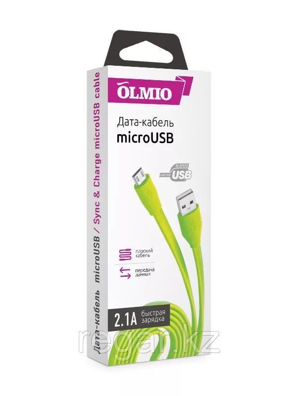 Кабель OLMIO USB 2.0 - microUSB, 1м, 2.1A, зеленый, плоский