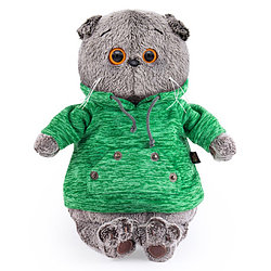 Мягкая игрушка Кот Басик в зеленой толстовке с карманом-кенгуру, 19 см