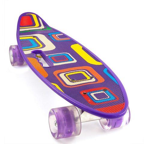 Скейт Penny Board {Пенни Борд} с подсветкой колёс на алюминиевой платформе (Фиолетовый / С принтом) - фото 1 - id-p89318003