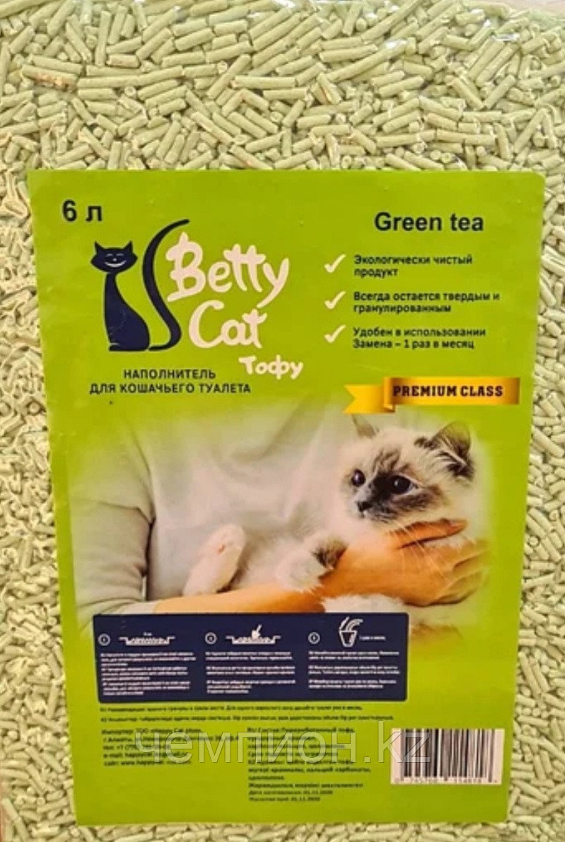 Betty Cat, Tofu,комкующийся соевый наполнитель, с ароматом зеленого чая, 6л.