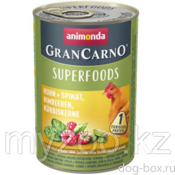 Консервы Grand Carno Superfoods с курицей + шпинат, малина, тыквенные семечки для взрослых собак 400