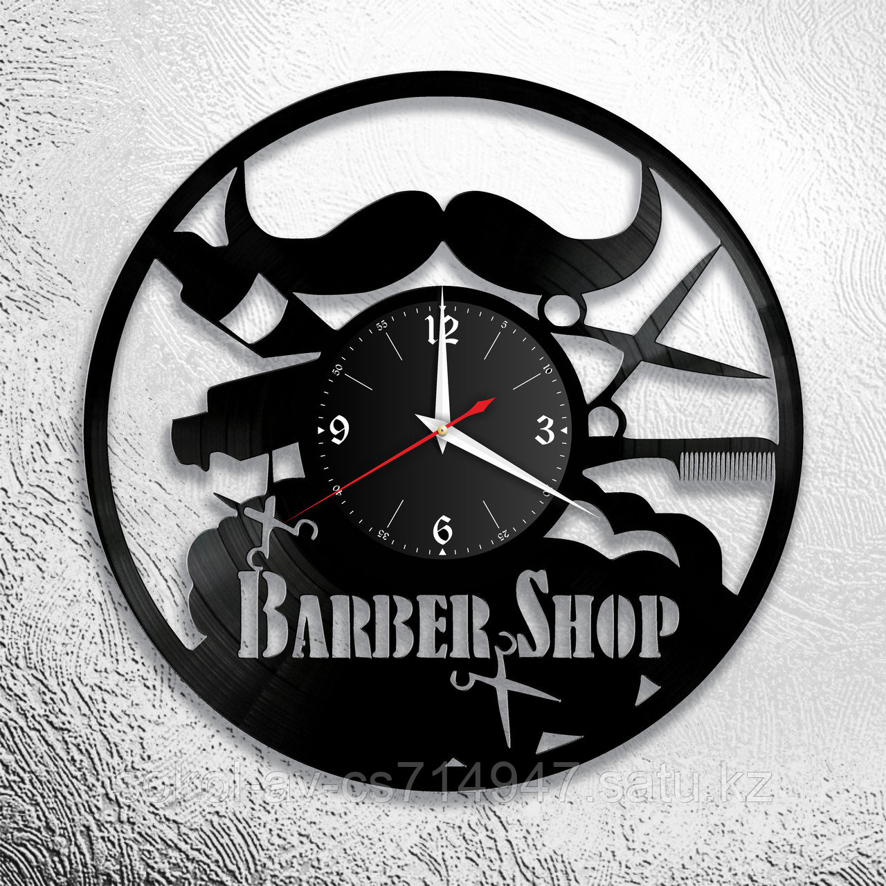 Настенные часы из пластинки, BarberShop барбершоп, подарок барберу, парикмахеру, 0188