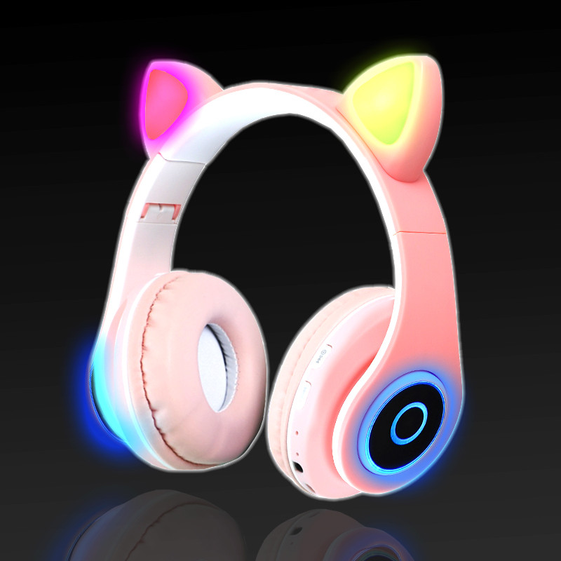 Беспроводные наушники стерео Bluetooth с микрофоном LED цветовой подсветкой и радио складные Cat Ear Розовый - фото 1 - id-p89583316