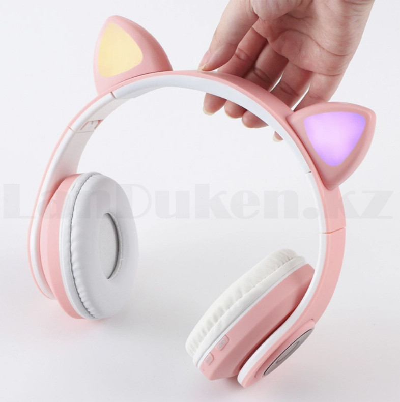 Беспроводные наушники стерео Bluetooth с микрофоном LED цветовой подсветкой и радио складные Cat Ear Розовый - фото 4 - id-p89583316