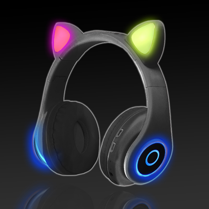 Беспроводные наушники стерео Bluetooth с микрофоном LED цветовой подсветкой и радио складные Cat Ear Черный