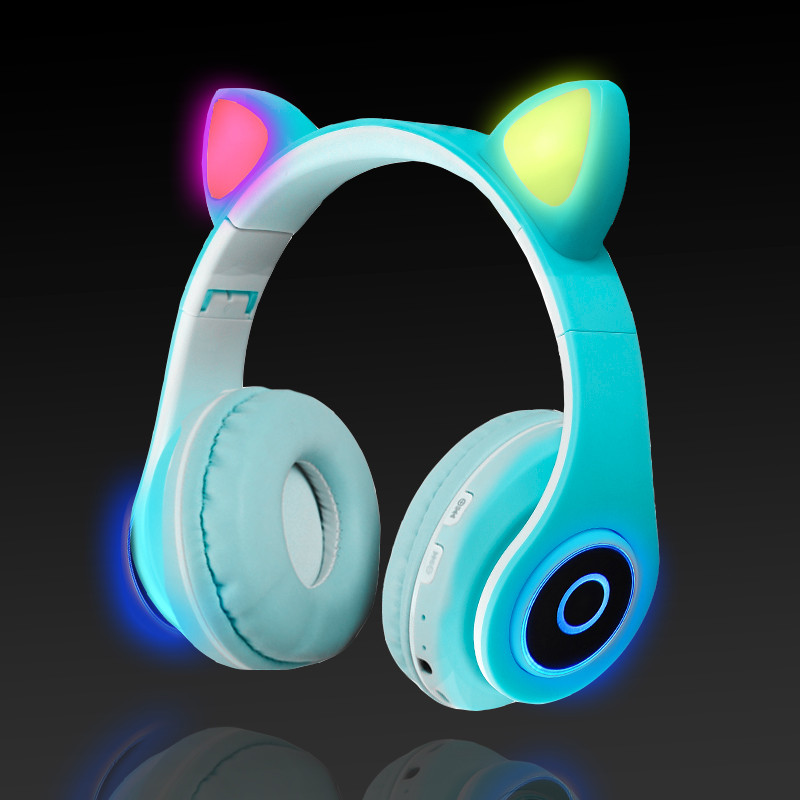 Беспроводные наушники стерео Bluetooth с микрофоном LED цветовой подсветкой и радио складные Cat Ear Голубой - фото 1 - id-p89583318