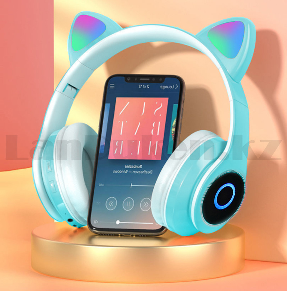 Беспроводные наушники стерео Bluetooth с микрофоном LED цветовой подсветкой и радио складные Cat Ear Голубой - фото 9 - id-p89583318