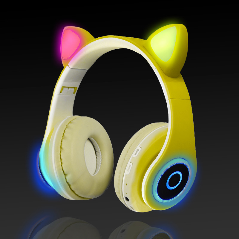 Беспроводные наушники стерео Bluetooth с микрофоном LED цветовой подсветкой и радио складные Cat Ear Желтый