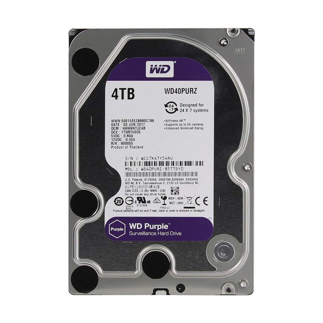 Жёсткий диск для видеонаблюдения, Western Digital, WD40PURZ Purple, HDD 4Tb, SATA 6Gb/s 64Mb 3,5 - фото 1 - id-p89605343